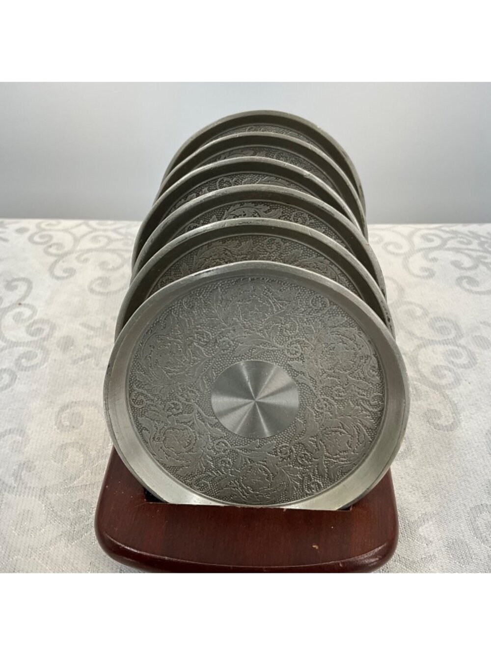 Royal Selangor Pewter Coaster Set With Wooden Holder Floral Engraving Set Of 6